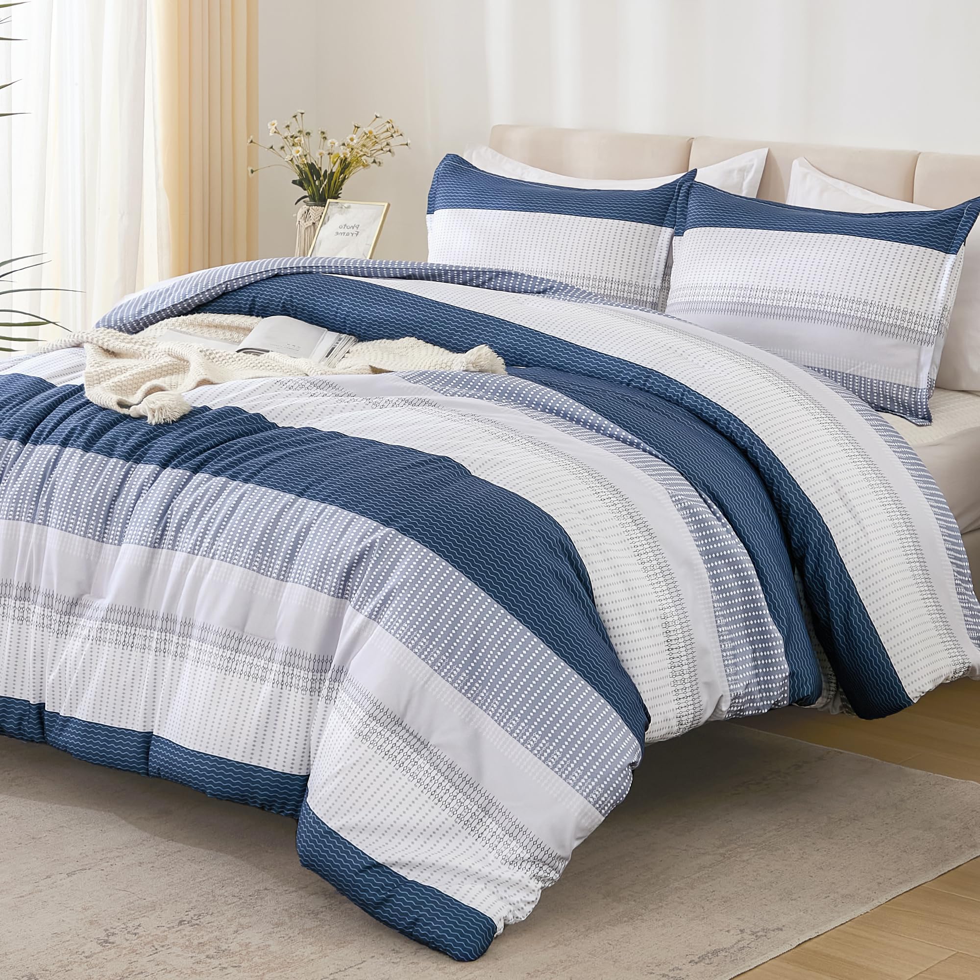 Litanika Mineral Blue Bed Comforter Set Twin/Twin Xl Size, 2 Pieces Lightweight Striped Bedding Comforter Set, Soft All Season D